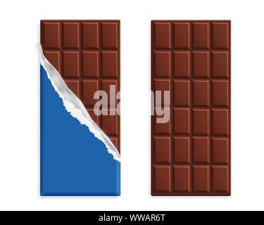 Milch Schokolade in Wrapper mock up Set, leeres Paket mit Platz für Text auf weißem Hintergrund. Vector Illustration Stock Vektor