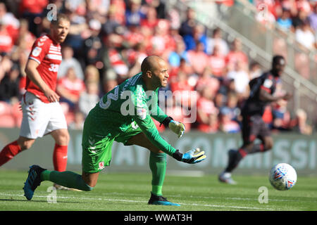 Middlesborough, Großbritannien. 14 Sep, 2019. Darren Randolph von Middlesbrough in Aktion während der Sky Bet Championship Match zwischen Middlesbrough und Lesung im Riverside Stadium, Middlesbrough am Samstag, dem 14. September 2019. (Credit: Mark Fletcher | MI Nachrichten) nur die redaktionelle Nutzung, eine Lizenz für die gewerbliche Nutzung erforderlich. Foto darf nur für Zeitung und/oder Zeitschrift redaktionelle Zwecke Credit: MI Nachrichten & Sport/Alamy Live-Nachrichten verwendet werden. Stockfoto