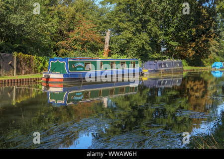 Boote am Ufer des River Wey, wie es der Basingstoke Canal zwischen Weybridge und New Haw, Surrey, Südosten, England, Grossbritannien verbindet Stockfoto