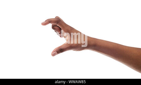 Schwarze weibliche Hand messen unsichtbare Objekte auf weißem Hintergrund Stockfoto