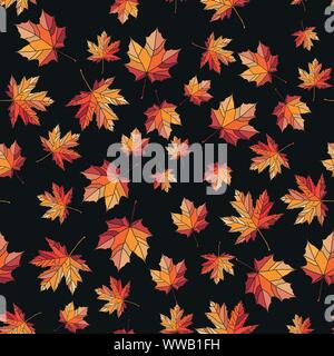Rot und oragne maple leaf pattern auf dunklem Hintergrund. Textur für Hintergründe oder Dekorationen. Stock Vektor