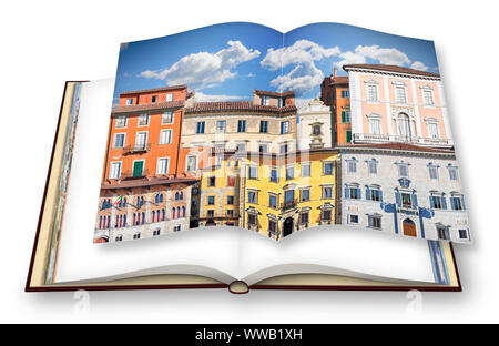 Abstrakte Komposition von typischen alten italienischen Gebäuden (Italien - Pisa) - 3D-Render eines geöffneten Foto Buch auf weißem Hintergrund Stockfoto