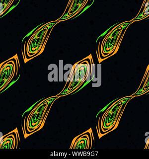 Abstrakte twisted liquid Stil Formen in Neon Orange und Grün. Die nahtlose Vektor diagonal mit Schwarz auf Schwarz terrazzo strukturierten Hintergrund Stock Vektor