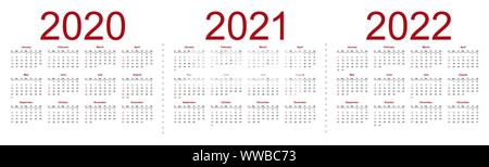 Der minimalistische Kalender, Jahre 2020 2021 2022 Wochen beginnen Sonntag. Isolierte Vector Illustration auf weißem Hintergrund. Stock Vektor