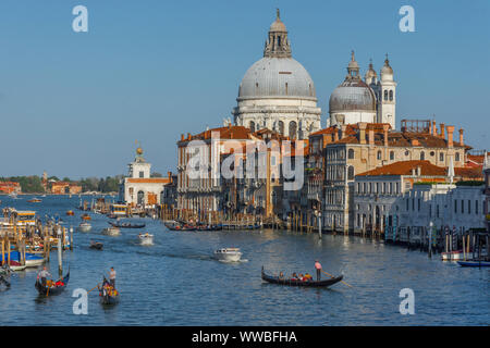 Venedig, Italien, 20. April 2019: Verkehr Ansturm auf Canal Grande mit Boote, Gondeln und venezianischen Vaporetto. Basilika Santa Maria della Salute in der Rückseite Stockfoto