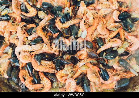 Paella mit Meeresfrüchten ist in eine große Kapazität gekocht. Große Stockfoto