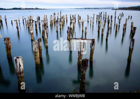 Fine Art Long-shutter Bild der alte Pier Beiträge im Meer an Coos Bay, Oregon, USA, Nordamerika