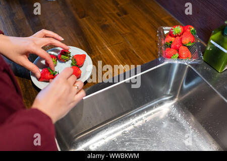 Frau Anordnung rot saftige Japanische Erdbeeren auf Platte aus Kunststoff Container durch Edelstahl Spülbecken in der Küche Zimmer mit Holztisch Zähler Stockfoto