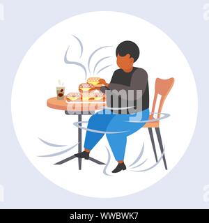 Fett Übergewicht Mann essen Hamburger Übergewicht ungesunde Ernährung fast food Konzept übergewichtigen african american Guy am Tisch sitzen beim Mittagessen über Größe Stock Vektor