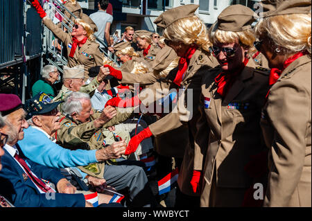 Veghel, Niederlande. 14 Sep, 2019. Frauen Hände schütteln mit den Veteranen während der Parade. Die 2019 zum Gedenken an 75 Jahre seit der Operation Market Garden stattfand. Operation Market Garden war eine der größten Alliierten Operationen des Zweiten Weltkriegs. Es fand im September 1944 statt. Zu der Zeit, die Alliierten reisten aus Belgien über mehrere Standorte in den Niederlanden, um schließlich in Nimwegen und Arnheim. Niederlande. Credit: SOPA Images Limited/Alamy leben Nachrichten Stockfoto