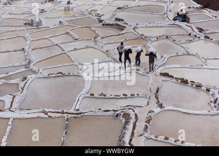 Arbeitnehmer werden gesehen, schleppen Salz bei Salineras de Maras. Der Salineras de Maras an den Hängen des Qaqawiñay Berg liegt auf einer Höhe von 3.380 m im urumbamba Tal, in der Nähe der Stadt von Maras. Es ist mit mehr als 3 Tausend natürlichen Salz Brunnen gemacht. Jedem der Brunnen hat eine Größe von 5 Quadratmetern. Die 3.000 Pools sind durch einen unterirdischen hypersaline Feder, die rund 110 Millionen Jahren bei der Entstehung der Anden entstanden zugeführt. Die meisten der Dorfbewohner von Maras Arbeit hier. Stockfoto