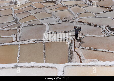 Ein Arbeitnehmer gesehen schleppen Salz bei Salineras de Maras. Der Salineras de Maras an den Hängen des Qaqawiñay Berg liegt auf einer Höhe von 3.380 m im urumbamba Tal, in der Nähe der Stadt von Maras. Es ist mit mehr als 3 Tausend natürlichen Salz Brunnen gemacht. Jedem der Brunnen hat eine Größe von 5 Quadratmetern. Die 3.000 Pools sind durch einen unterirdischen hypersaline Feder, die rund 110 Millionen Jahren bei der Entstehung der Anden entstanden zugeführt. Die meisten der Dorfbewohner von Maras Arbeit hier. Stockfoto