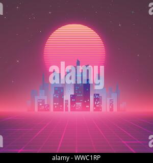 Nacht die Skyline der Stadt. 80s Retro Sci-Fi Hintergrund. Futuristisches Design im 80er Jahre Stil. Vector Illustration Stock Vektor