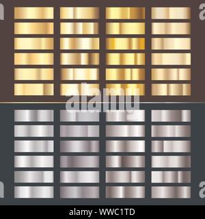 Golden und Silver Gradient eingestellt. Verschiedene der glänzenden silbernen und goldenen Muster. Realistische metallic Folie. Vector Illustration auf weißem Hintergrund Stock Vektor