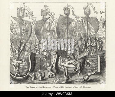 Seeschlacht von La Rochelle, 1372, zwischen einem Kastilischen Flotte von 1305-1306 Boccanegra und eine englische Konvoi von John Hastings, Earl of Pembroke geboten. Seeschlacht aus La Rochelle in den 100 Jahren Krieg. Holzschnitt nach einem beleuchteten Manuskript von Sir John's Froissart Chroniken von England, Frankreich, Spanien und den angrenzenden Ländern, von der zweiten Hälfte der Regierungszeit von Edward II. an der Krönung von Heinrich IV., George Routledge, London, 1868. Stockfoto