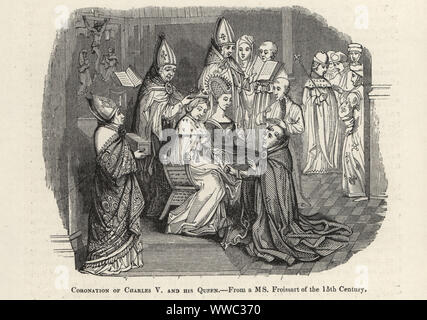 Die Krönung von König Karl V. von Frankreich und seine Königin, Joanna von Bourbon, 1364. Krönung von Karl V. und seine Königin. Holzschnitt nach einem beleuchteten Manuskript von Sir John's Froissart Chroniken von England, Frankreich, Spanien und den angrenzenden Ländern, von der zweiten Hälfte der Regierungszeit von Edward II. an der Krönung von Heinrich IV., George Routledge, London, 1868. Stockfoto