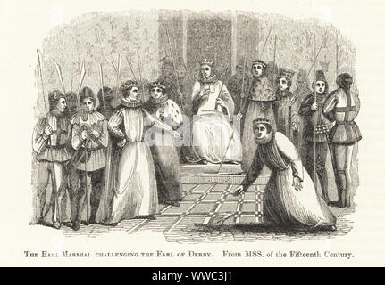 Thomas de Mowbray, Earl Marshal, 1. Herzog von Norfolk, herausfordernde Henry Bolingbroke, Earl of Derby (später König Heinrich IV.) zu einem Duell vor König Richard II., 1398. Der Earl Marshal Herausforderung der Earl of Derby zu einem Duell, indem Sie werfen ein Spießrutenlauf. Holzschnitt nach einem beleuchteten Manuskript von Sir John's Froissart Chroniken von England, Frankreich, Spanien und den angrenzenden Ländern, von der zweiten Hälfte der Regierungszeit von Edward II. an der Krönung von Heinrich IV., George Routledge, London, 1868. Stockfoto