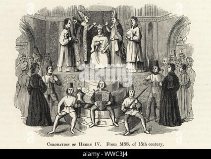 Die Krönung von König Henry IV (1367 - 1413) von England, 1399. Der König ist, die von den Bischöfen in der Westminster Abbey gekrönt, während Seiten sein Wappen, Helm und Schwert halten. Holzschnitt nach einem beleuchteten Manuskript von Sir John's Froissart Chroniken von England, Frankreich, Spanien und den angrenzenden Ländern, von der zweiten Hälfte der Regierungszeit von Edward II. an der Krönung von Heinrich IV., George Routledge, London, 1868. Stockfoto