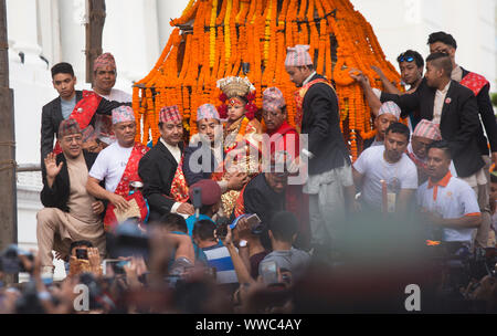 Kathmandu, Nepal. 13 Spet, 2019. Szenen auf den wichtigsten Tag der Indra Jatra Festival in Kathmandu, Nepal. Sarita Khadka/Alamy leben Nachrichten Stockfoto