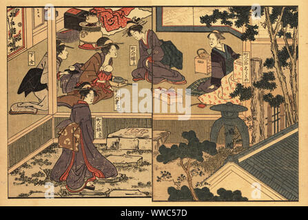 Wohlhabende Townswomen fahren, Tokio, 18. Drei junge chonin Frauen sammeln im Haus einer älteren Frau für ein Treffen. Ein Zimmermädchen bringt Tee zu einem Jungen stillenden Mutter. Papierkörbe ukiyo-e Holzschnitt von Toyokuni Utagawa aus Shikitei Sanba des Ehon Imayo Sugata (Bilderbuch der modernen Formen und Figuren, Tokyo, 1916. Reprint des Originals von 1802. Stockfoto
