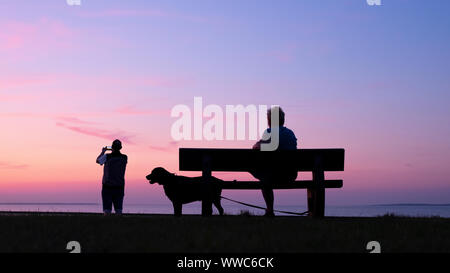 Der Mensch nimmt Bilder von bunten Sonnenuntergang während Frau mit Hund auf der Bank sitzt Stockfoto