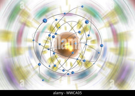 3D-Darstellung. Abstraktes Bild. Platz, Atome, Planeten, Moleküle, Elektronen auf weißem Hintergrund. Stockfoto