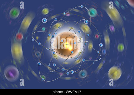 3D-Darstellung. Abstraktes Bild. Platz, Atome, Planeten, Moleküle, Elektronen auf blauem Hintergrund. Stockfoto