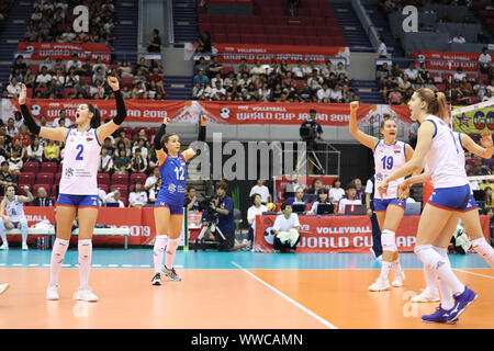 Hamamatsu, Japan. 15 Sep, 2019. Spieler von Serbien Feiern während der Round Robin Übereinstimmung zwischen den USA und Serbien im Jahr 2019 Die FIVB Frauen-WM in Hamamatsu, Japan, Sept. 15, 2019. Credit: Du Xiaoyi/Xinhua/Alamy leben Nachrichten Stockfoto