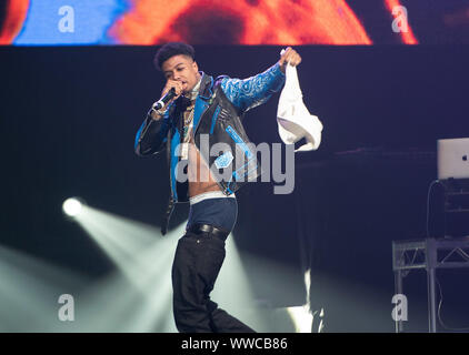 San Jose, USA. 15 Sep, 2019. Blueface führt während der 'Könige der West' Tour, SAP 25-Jähriges Festival Wochenende, an SAP-Center am 14. September 2019, in San Jose, Kalifornien. Credit: MediaPunch Inc/Alamy leben Nachrichten Stockfoto