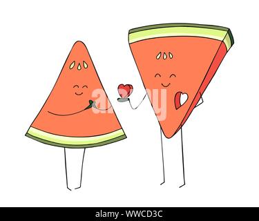 Vektor cartoon Obst Helden auf weißem Hintergrund. Bunte Hand gezeichnet Abbildung. Wassermelone Paar in der Liebe. Zwei glücklich lächelnde Wassermelone sl Stock Vektor