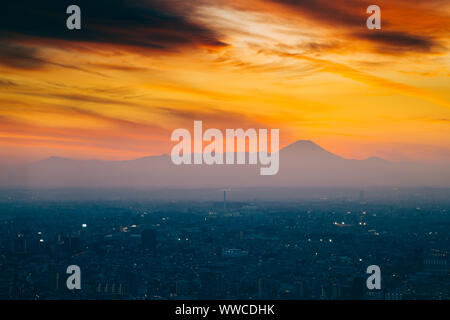 Berg Fuji und Stadtbild bei Sonnenuntergang in Tokio, Japan. Stockfoto