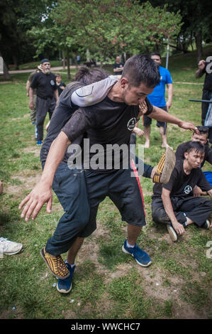 ISTANBUL, Türkei - Maj 30 Jun 02. 2019. Große Gruppe internationaler martial arts Dozenten und Studenten haben hart Kraft Energie Training auf GEN Stockfoto