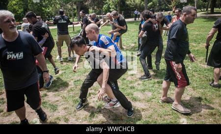 ISTANBUL, Türkei - Maj 30 Jun 02. 2019. Große Gruppe internationaler martial arts Dozenten und Studenten haben hart Kraft Energie Training auf GEN Stockfoto