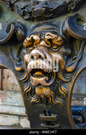 Die glücklichen rieb Teil des Löwen Statue außerhalb der Staatlichen Münzsammlung (Nationale numismatische Sammlung) in München, Bayern, Deutschland. Stockfoto