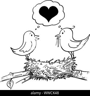Vektor Komikbild konzeptionelle Darstellung der liebenden Paar männliche und weibliche Vögel in Liebe Gebäude Nest und zusammen denken über die Herzen Symbol Stock Vektor