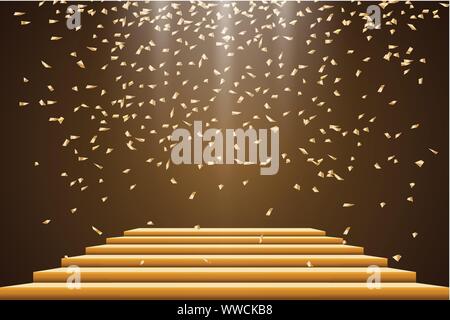 Golden Podium mit einem Spotlight auf einem dunklen Hintergrund, mit Nebel und Konfetti, der erste Platz, Ruhm und Popularität. Vector Illustration Stock Vektor