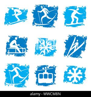 Winter Sport Icons. Grunge stilisierte Symbole an Wintersportaktivitäten. Vektor zur Verfügung. Stock Vektor