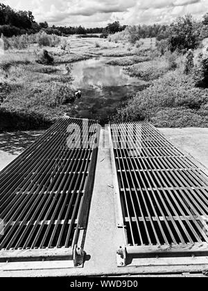 The Woodlands, TX USA - 08/23/2019 - Rückhaltebecken Sammelabfluß im Wald in B&W Stockfoto