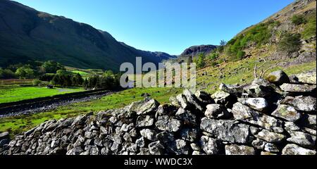 Die grüne Wiese, die von seathwaite Stockfoto