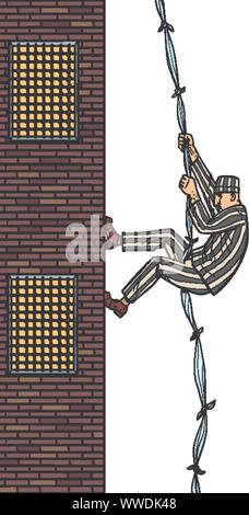 Ein gefangener entkommt aus dem Gefängnis. Der Abstieg von den Höhen des ähnliche Blätter. Jailbreak. Comic cartoon Pop Art retro Abbildung hand Zeichnung Stock Vektor