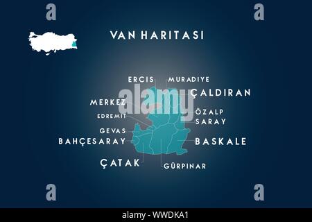 Van Bezirke ercis, edremit, gevas, bahcesaray, catak, gurpinar, baskale, Saray, Ozalp, caldiran, muradiye Karte, Türkei Stock Vektor