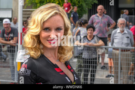 Legnano, Italien, 15. September 2019: Coppa Bernocchi, 101 Ausgabe des berühmten italienischen Radsport Wettbewerb. Justine Mattera posiert für Foto. Stockfoto