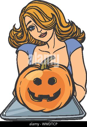 Frau lädt auf Halloween, hält ein Fach Kürbis Jack. Comic cartoon Pop Art retro Vektor illustration Zeichnung Stock Vektor