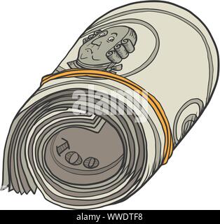 Einhundert dollar Bündel Banknoten Kaugummi. Benjamin Franklin. Comic cartoon Pop Art retro Vektor illustration Zeichnung Stock Vektor