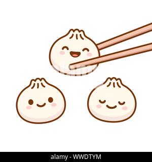 Cute cartoon Dim Sum doodle Zeichnung. Traditionelle Chinesische Knödel mit lustigen lächelnde Gesichter. Kawaii asiatische Lebensmittel Vector Illustration. Stock Vektor