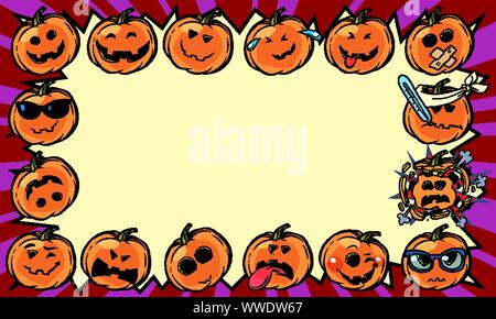 Emotionale Halloween Kürbis urlaub Rahmen Hintergrund. Comic cartoon Pop Art retro Vektor illustration Zeichnung Stock Vektor