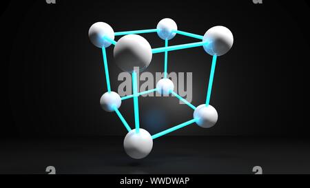 Kubische Struktur mit weißen Kugeln durch blaues Licht Verbindungen - 3D Rendering Illustration angeschlossen Stockfoto