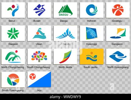 Reihe von Icons. Flaggen der Regionen Süd Korea Stock Vektor