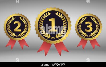 Champion Gold, Silber und Bronze Award Medaillen mit roten Bändern Stock Vektor