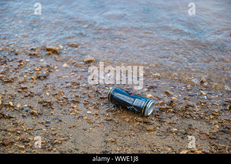 Eine weggeworfene verwendet Getränkedose auf dem Strand in der Nähe der Wasser an der See im Sommer gedumpten verschmutzen die Umwelt closeup Stockfoto